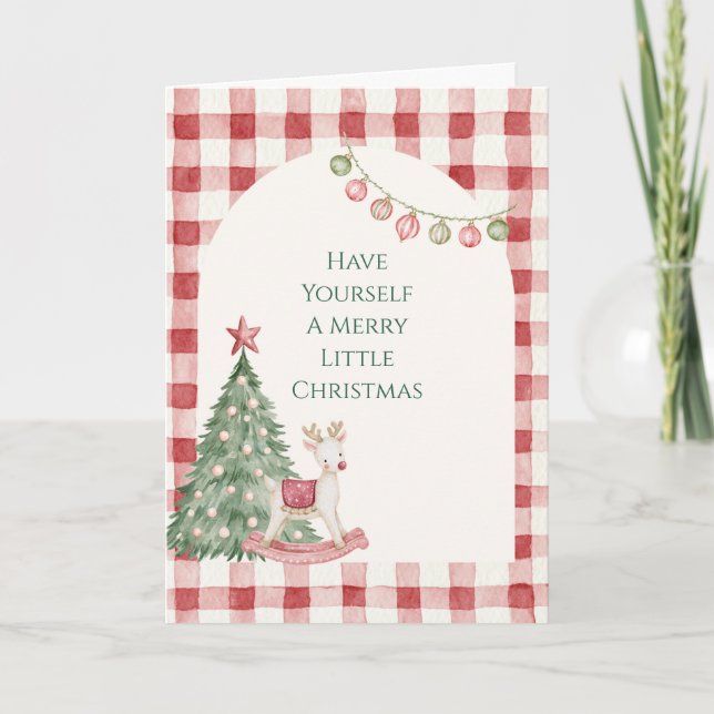 Röda Ornament Ränder Glada Lilla Julgranar Kort (Framsida)