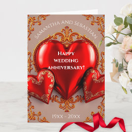 Röda örter och Guld blommor Bröllop-årsdagen Kort
