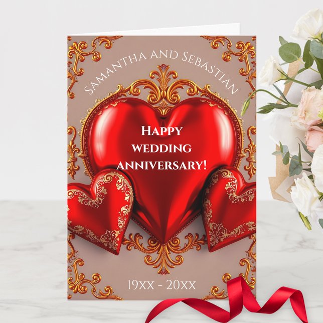 Röda örter och Guld blommor Bröllop-årsdagen Kort (Skapare uppladdad)