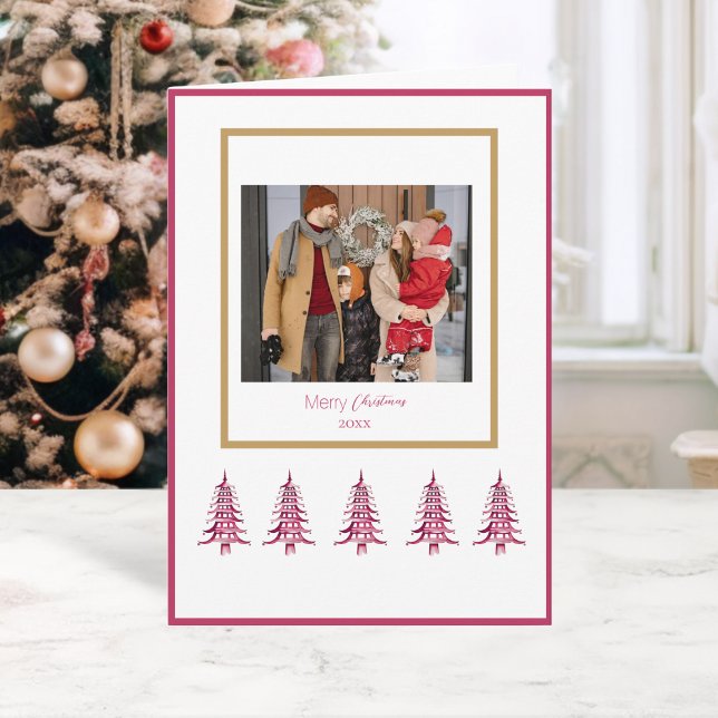 Röda Pagoden Julgranar 1-Foto Kort (Red Pagoda Christmas Trees 1-Photo Card)