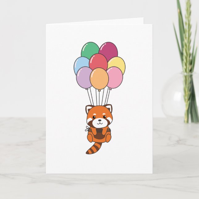 Röda panda flyger upp med färgstarka ballonger kort (Framsida)