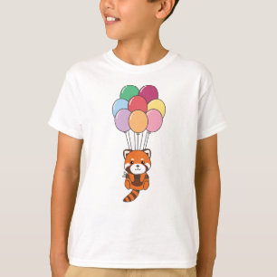 Röda panda flyger upp med färgstarka ballonger t shirt