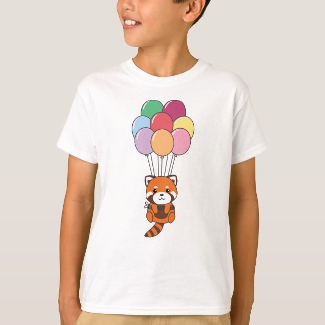 Röda panda flyger upp med färgstarka ballonger t shirt (Framsida)