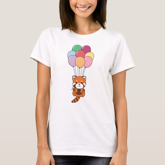 Röda panda flyger upp med färgstarka ballonger t shirt (Framsida)
