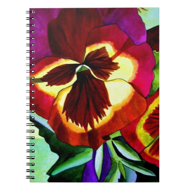 Röda paneler vattenfärgsblommor originalteckning anteckningsbok med spiral (Framsidan)