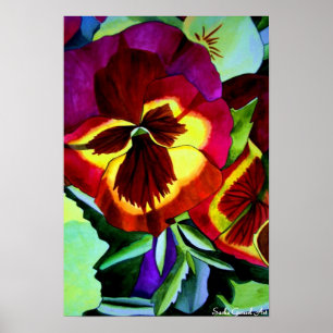 Röda paneler vattenfärgsblommor originalteckning poster