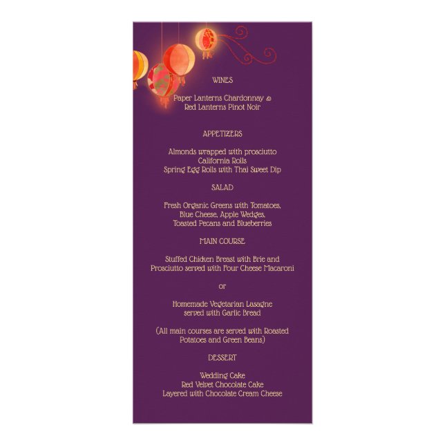 Röda Pappra delmönster Lila Bröllop Menu Reklamkort (Framsidan)