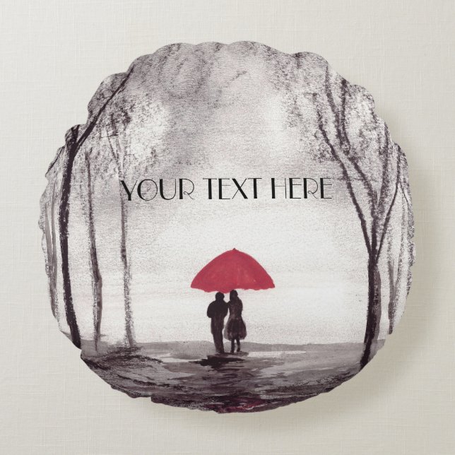 Röda paraplyer kärlek-par rund kudde (Framsidan)