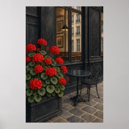 Röda pelargoner utanför en café poster