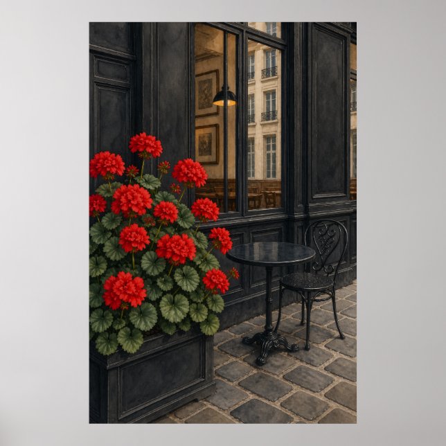 Röda pelargoner utanför en café poster (Framsidan)