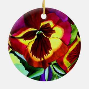 Röda penséer akvarell blomma original konst julgransprydnad keramik