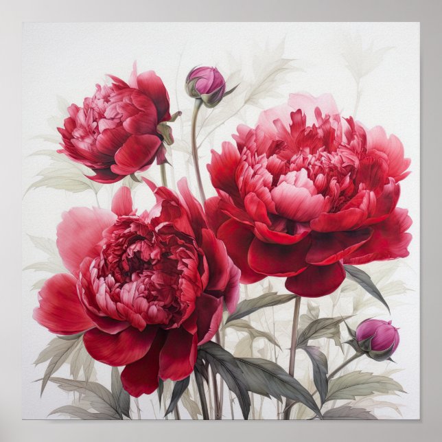 Röda peonies Flower Art Print Poster (Framsidan)