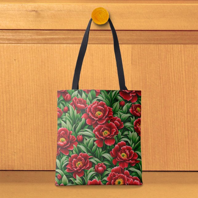 Röda Peonies-handväskan Tygkasse (Tote bag with red peonies)