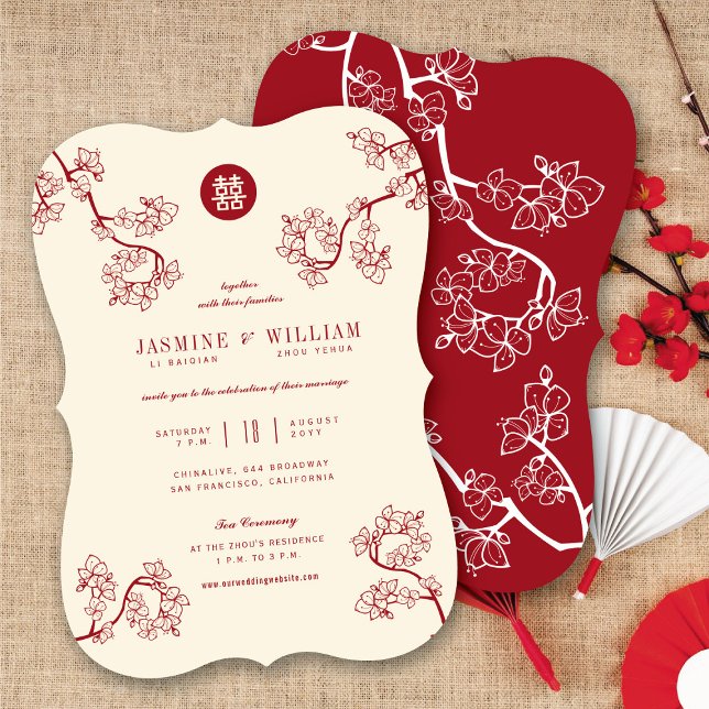 Röda persikor/plommon Blommar Dubbla lycka Bröllop Inbjudningar (Red/Ivory Peach/Plum Blossoms Double Happiness Chinese Wedding Invitation @ fatfatin_red_knot)