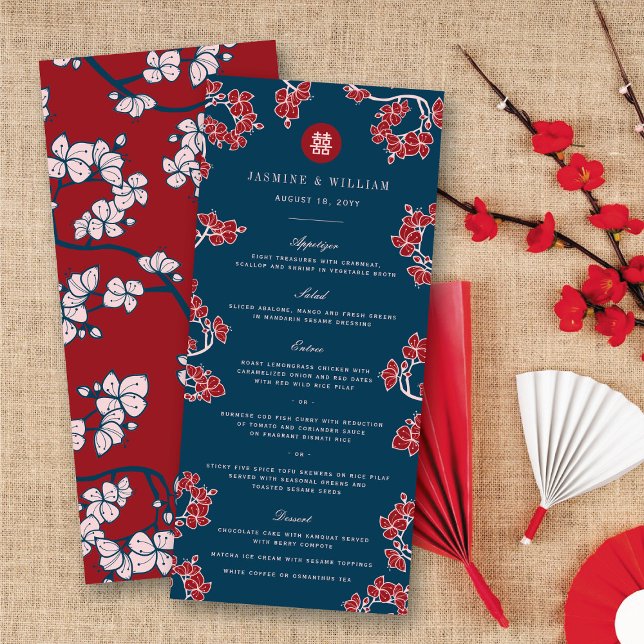 Röda persikor/plommon Blommar Dubbla lycka Bröllop Meny (Red Peach/Plum Blossoms Double Happiness Floral Chinese Wedding Menu Card @ fatfatin_red_knot)