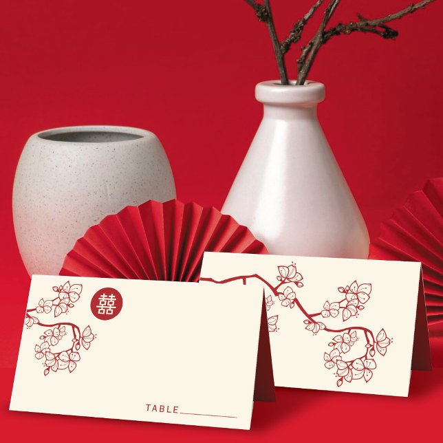 Röda persikor/plommon Blommar Dubbla lycka Bröllop Placeringskort (Red Peach/Plum Blossoms Round Double Happiness Chinese Wedding Place Card @ fatfatin_red_knot)
