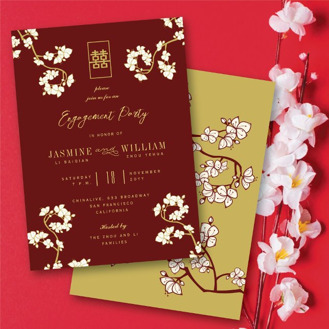 Röda persikor/plommon, Chic Blommigt för Blommar i Inbjudningar (Burgundy Red Peach/Plum Blossoms Chic Floral Asian Engagement Party Invitation @ fatfatin_red_knot)