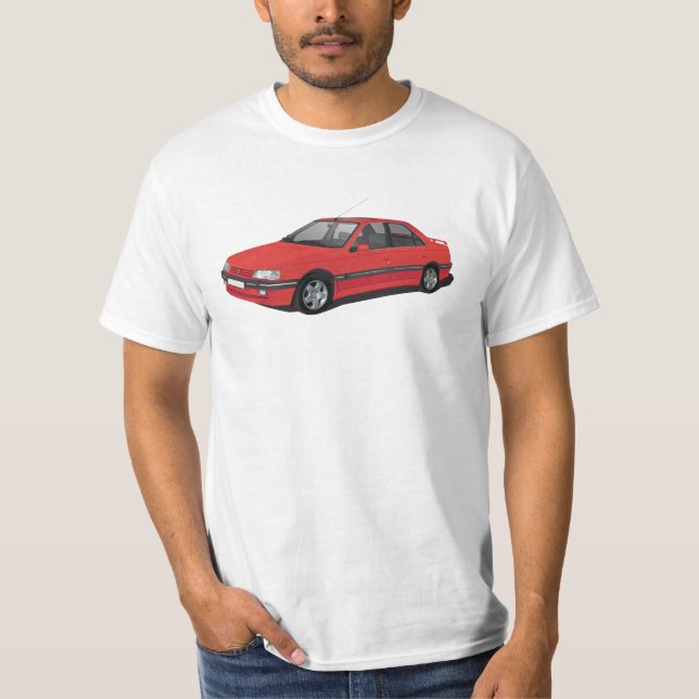 Röda Peugeot 405 Tee Shirt (Framsida)