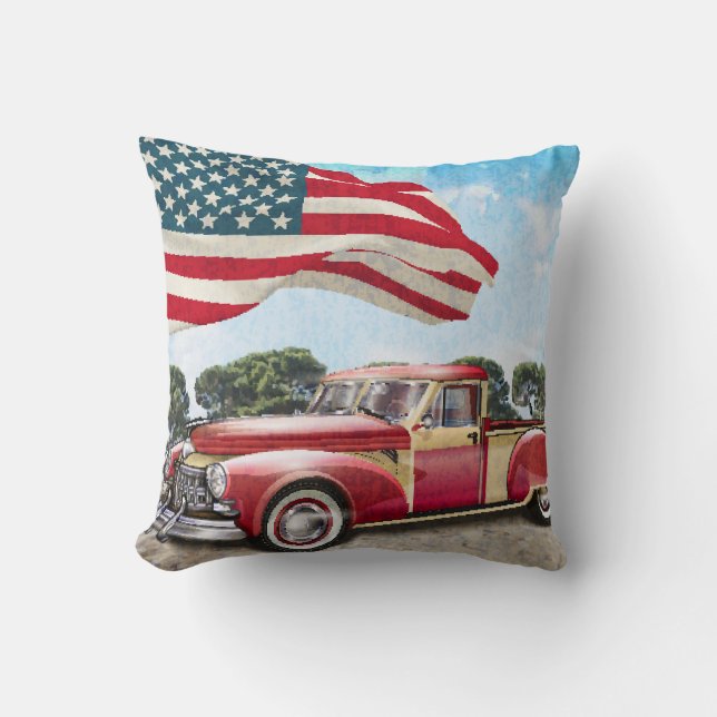 Röda Pickupa Lastbil: Amerikanska Flagga Vintage Kudde (Framsida)