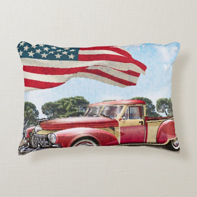 Röda Pickupa Lastbil: Amerikanska Flagga Vintage Prydnadskudde (Framsidan)