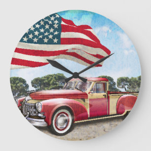 Röda Pickupa Lastbil: Amerikanska Flagga Vintage Stor Klocka