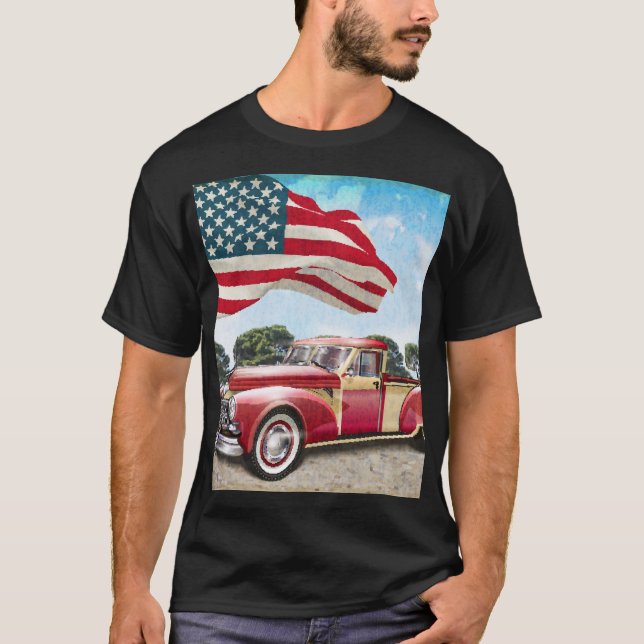 Röda Pickupa Lastbil: Amerikanska Flagga Vintage T Shirt (Framsida)