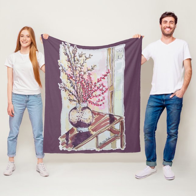 Röda plommonblommor fleecefilt (På plats)