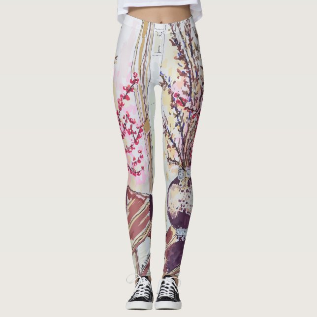 Röda plommonblommor leggings (Framsida)