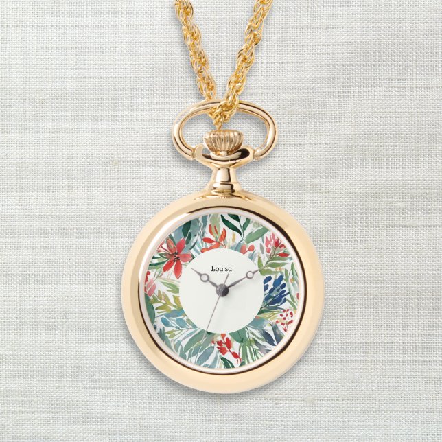 Röda Poinsettia Blommor Vacker Blommig Jul Armbandsur (An elegant monogrammed necklace pendant with watch and red poinsettia design in a watercolor style)