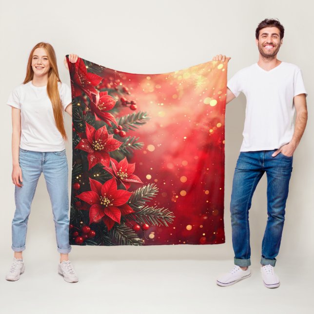 Röda Poinsettia och Bär Fläskfiltar Fleecefilt (På plats)