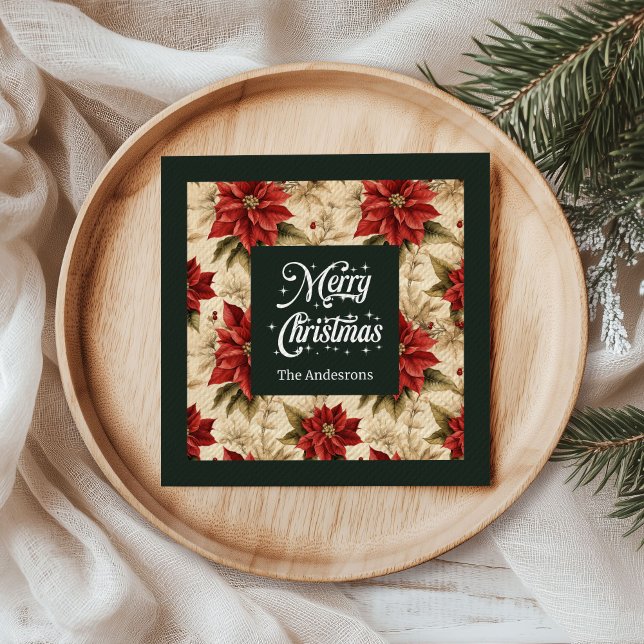 Röda Poinsettia Pappersservetter Rustik Julstämnin (Red Poinsettia Paper Napkins Rustic Holiday Look)