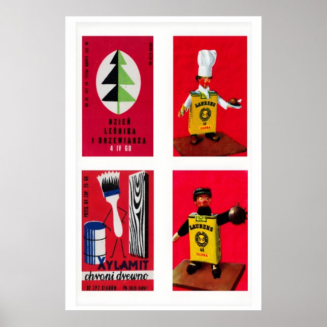 Röda polska tändsticksboxetiketter Grid Print, Vin Poster (Framsidan)