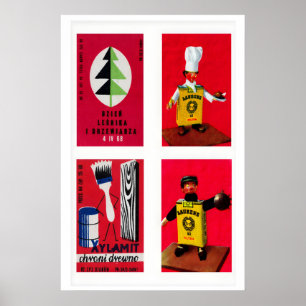 Röda polska tändsticksboxetiketter Grid Print, Vin Poster