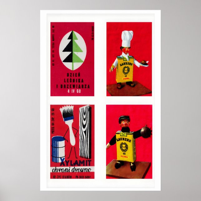Röda polska tändsticksboxetiketter Grid Print, Vin Poster (Framsidan)