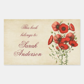 Röda poppies Bok-plattan fästs det här Tillhöret p Rektangulärt Klistermärke