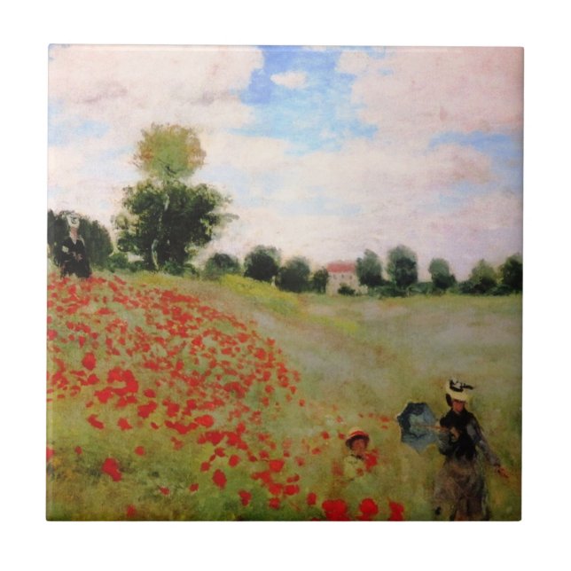 Röda poppies från Monet - Poppy Fält Parasol Woman Kakelplatta (Framsidan)