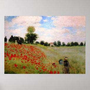 Röda poppies från Monet - Poppy Fält Parasol Woman Poster