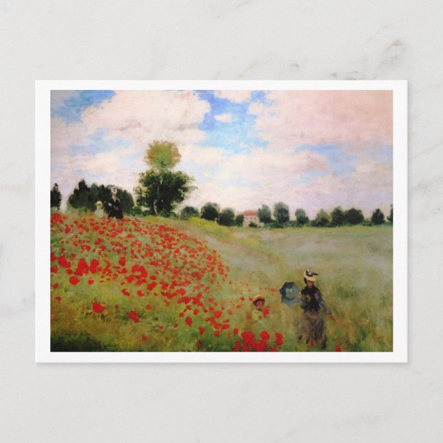 Röda poppies från Monet - Poppy Fält Parasol Woman Vykort (Framsida)