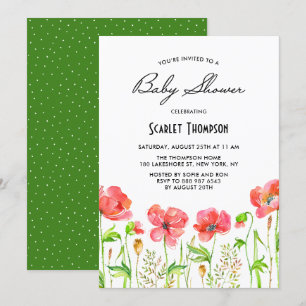 Röda poppies Garden Baby Shower för vattenfärg Inbjudningar