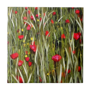 Röda poppies i en hjulfältsfärg kakelplatta