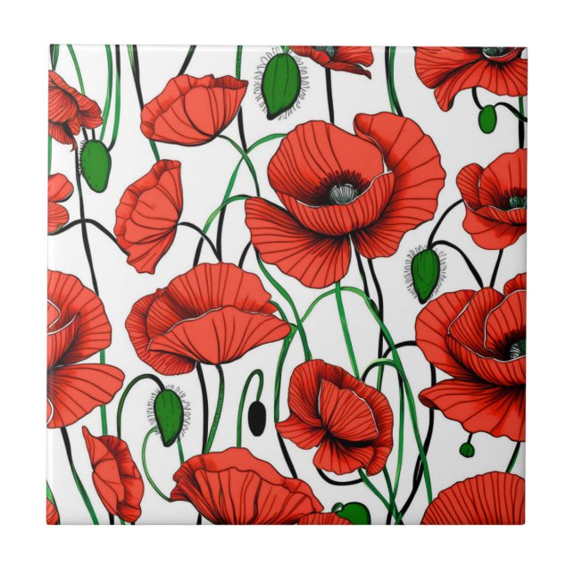 Röda poppies i Fält på vitt Kakelplatta (Framsidan)