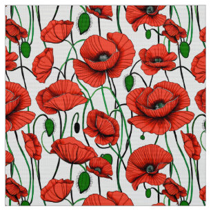 Röda poppies i Fält på vitt Tyg
