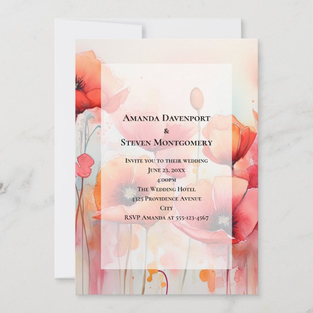 Röda poppies i Fält Watercolor Bröllop Inbjudningar (Framsida)