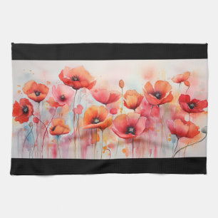 Röda poppies i Fält Watercolor Kökshandduk
