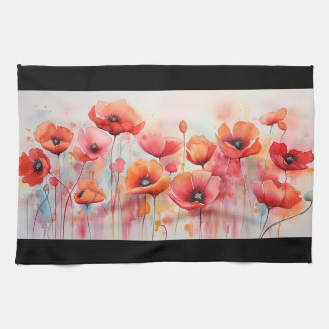Röda poppies i Fält Watercolor Kökshandduk (Horisontell)