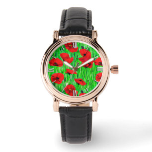 Röda poppies i Grönt Fält Armbandsur