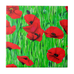 Röda poppies i Grönt Fält Kakelplatta