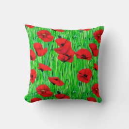Röda poppies i Grönt Fält Kudde