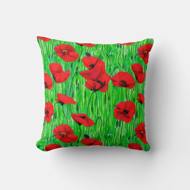 Röda poppies i Grönt Fält Kudde (Framsida)