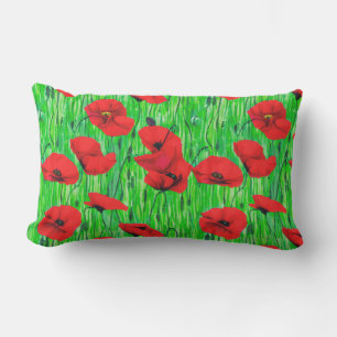Röda poppies i Grönt Fält Lumbarkudde